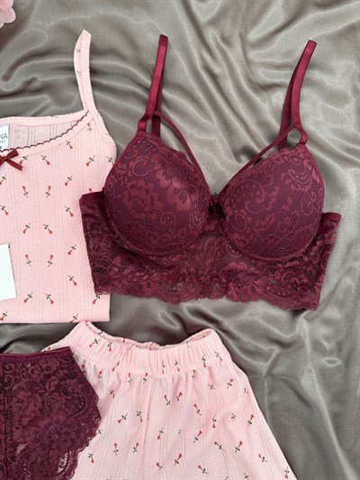 Kırmızı Lale Desenli Pamuklu 4lü Şortlu Pijama Takımı