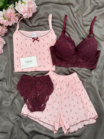 Kırmızı Lale Desenli Pamuklu 4lü Şortlu Pijama Takımı