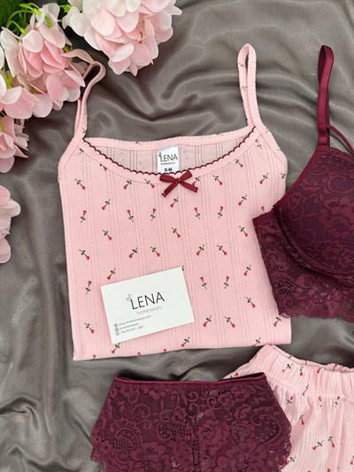 Kırmızı Lale Desenli Pamuklu 4lü Şortlu Pijama Takımı