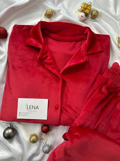 Kırmızı Önden Düğmeli Kadife Pijama Takımı