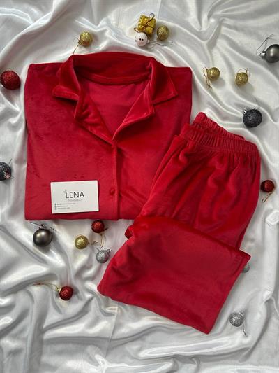 Kırmızı Önden Düğmeli Kadife Pijama Takımı