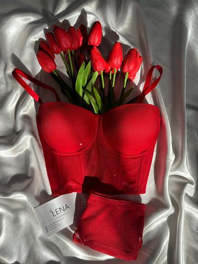 Kırmızı Sim Detaylı Büstiyer Takımı