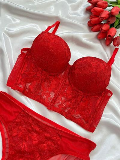 Kırmızı Simli Büstiyer Takım