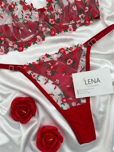 Kırmızı Yeşil çiçek işlemeli Bralet takımı