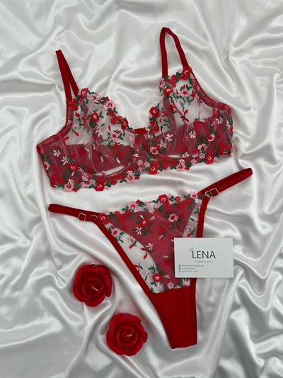 Kırmızı Yeşil çiçek işlemeli Bralet takımı