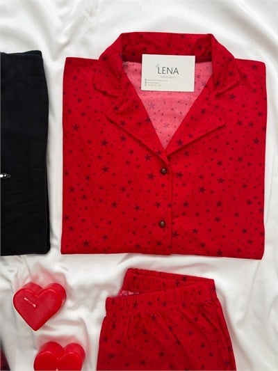 Kırmızı Yıldız & Ekose Sevgili Çift Uzun Kollu Pijama Takımı (2Lİ SET)
