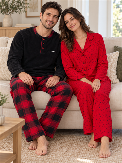 Kırmızı Yıldız & Ekose Sevgili Çift Uzun Kollu Pijama Takımı (2Lİ SET)