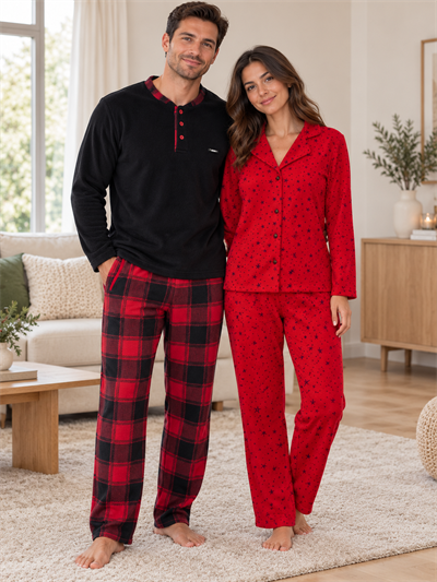 Kırmızı Yıldız & Ekose Sevgili Çift Uzun Kollu Pijama Takımı (2Lİ SET)
