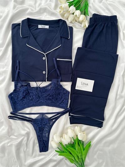 Lacivert Biyeli 4lü Kısa Kollu Pijama Takım 