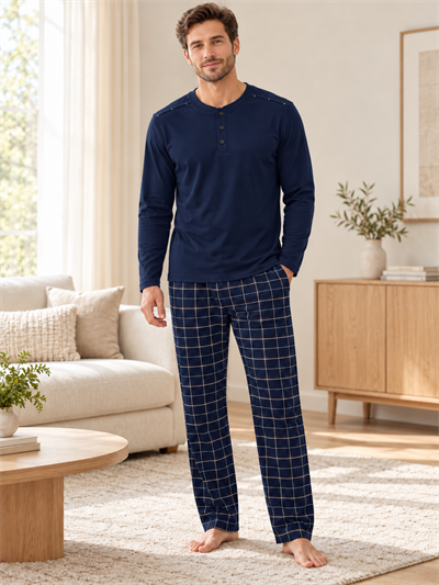 lacivert Boss Erkek Uzun kollu Pamuklu Pijama Takımı
