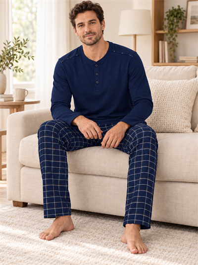 lacivert Boss Erkek Uzun kollu Pamuklu Pijama Takımı