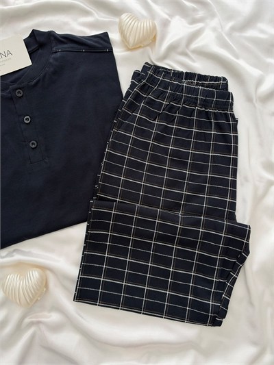 lacivert Boss Erkek Uzun kollu Pamuklu Pijama Takımı