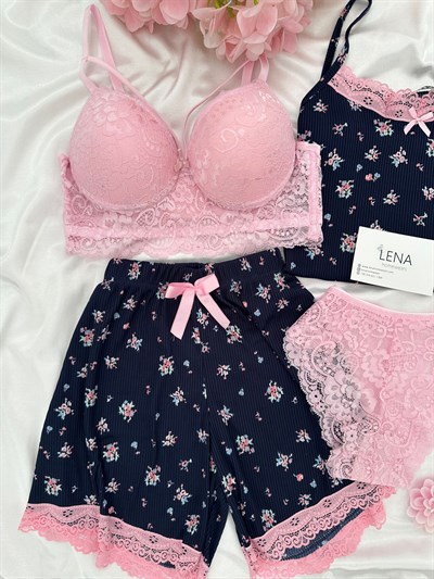 Lacivert Cares Dörtlü Şortlu Pijama Takımı