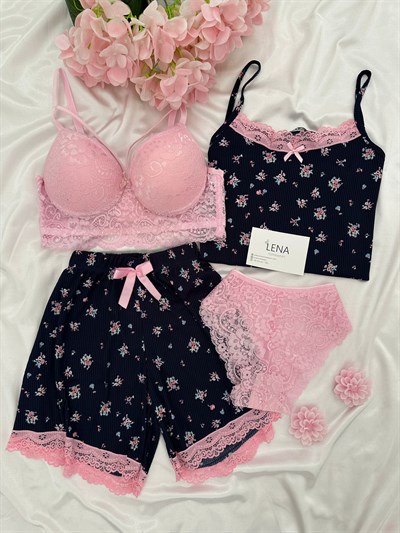 Lacivert Cares Dörtlü Şortlu Pijama Takımı