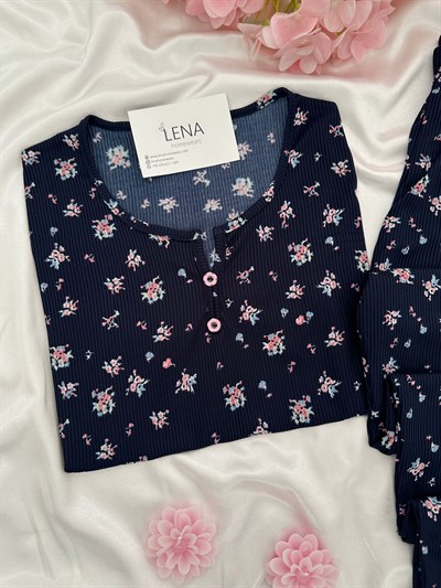 Lacivert Çiçek Desenli Patlı Pijama Takımı