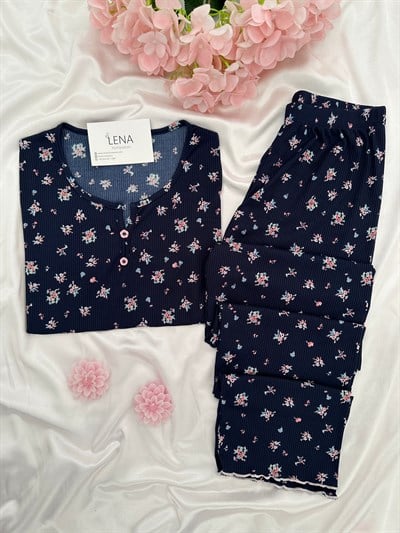 Lacivert Çiçek Desenli Patlı Pijama Takımı