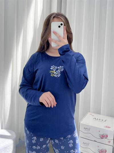 Lacivert Çiçek Desenli Sofya Pijama Takımı