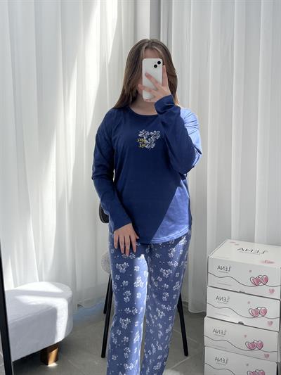 Lacivert Çiçek Desenli Sofya Pijama Takımı