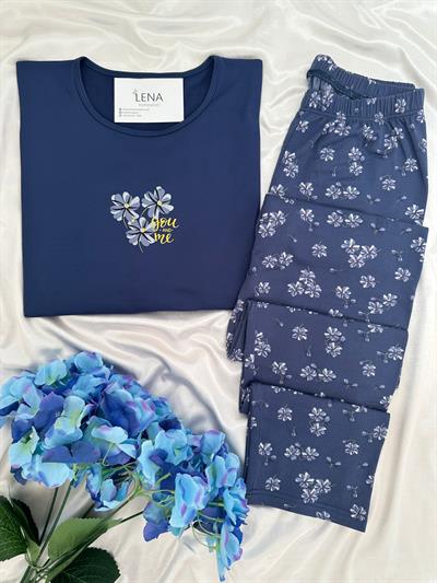 Lacivert Çiçek Desenli Sofya Pijama Takımı