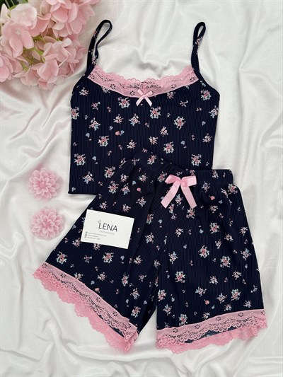 Lacivert Çiçekl Desenli 6lı Cares Pijama Takımı