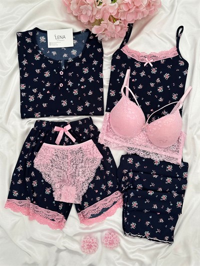 Lacivert Çiçekl Desenli 6lı Cares Pijama Takımı