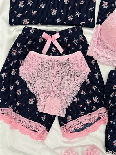 Lacivert Çiçekl Desenli 6lı Cares Pijama Takımı