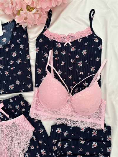 Lacivert Çiçekl Desenli 6lı Cares Pijama Takımı