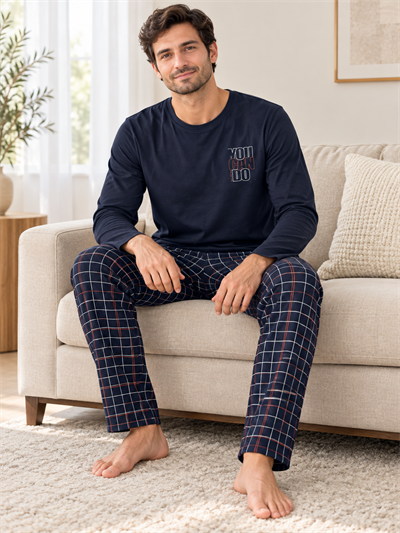 lacivert Ekose Erkek Uzun kollu Pamuklu Pijama Takımı