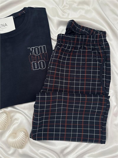 lacivert Ekose Erkek Uzun kollu Pamuklu Pijama Takımı
