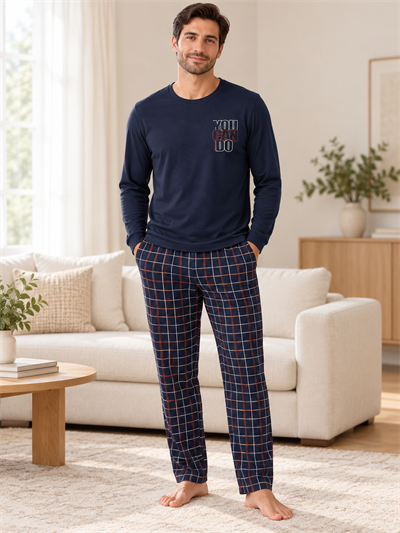 lacivert Ekose Erkek Uzun kollu Pamuklu Pijama Takımı