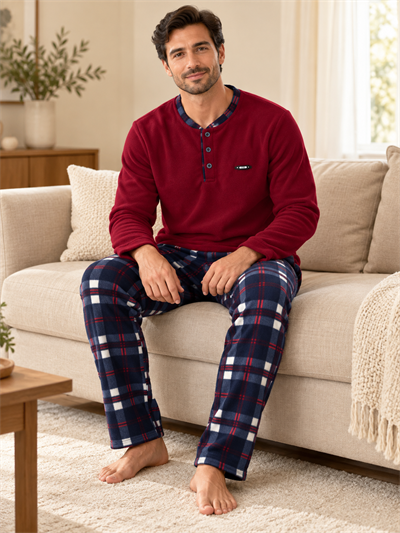 Lacivert Ekose Polar Erkek Uzun kollu Pijama Takımı