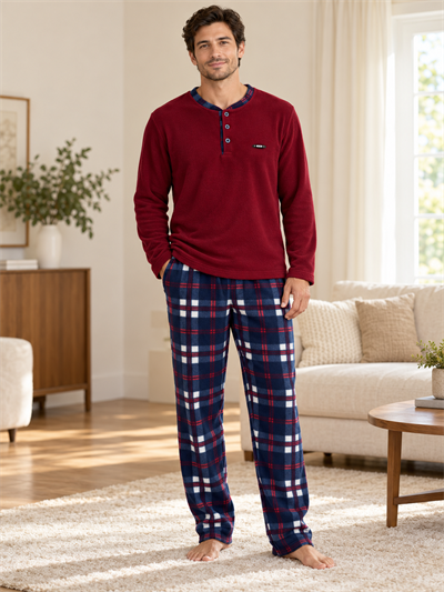 Lacivert Ekose Polar Erkek Uzun kollu Pijama Takımı