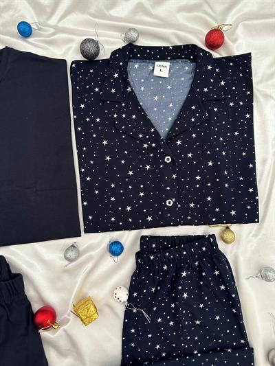 Lacivert Hours 4 Parça Çift Pijama Seti