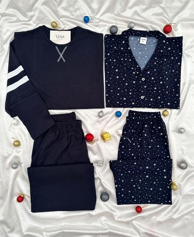 Lacivert Hours 4 Parça Çift Pijama Seti