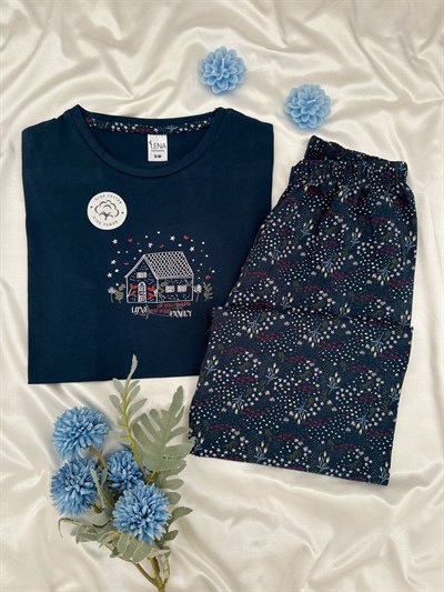 Lacivert House %100 Pamuk Kısa Kollu Pijama Takımı 