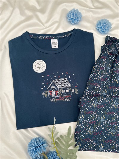 Lacivert House %100 Pamuk Kısa Kollu Pijama Takımı 