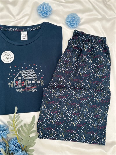 Lacivert House %100 Pamuk Kısa Kollu Pijama Takımı 