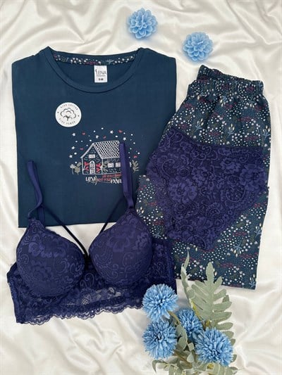 Lacivert House %100 Pamuk Pijama & Çamaşır Seti