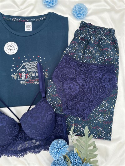 Lacivert House %100 Pamuk Pijama & Çamaşır Seti