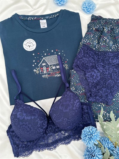 Lacivert House %100 Pamuk Pijama & Çamaşır Seti