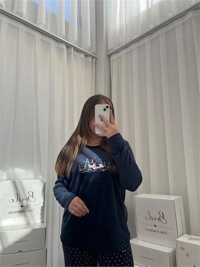Lacivert İşlemeli 4lü Fransız Kadife Pijama Takımı