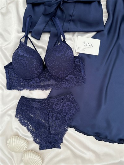 Lacivert Jasmin Dörtlü Gecelik & Çamaşır Seti