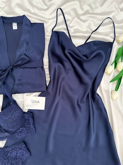 Lacivert Jasmin Dörtlü Gecelik & Çamaşır Seti