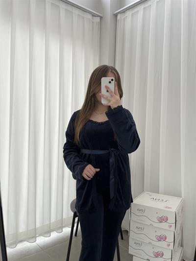 Lacivert Kadife Sabahlıklı 5’li Pijama Set