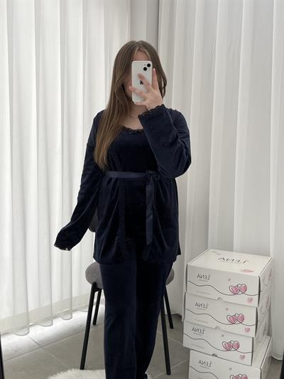 Lacivert Kadife Sabahlıklı 5’li Pijama Set