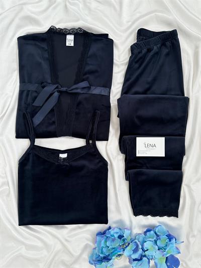 Lacivert Kadife Sabahlıklı Kadın Pijama Takımı
