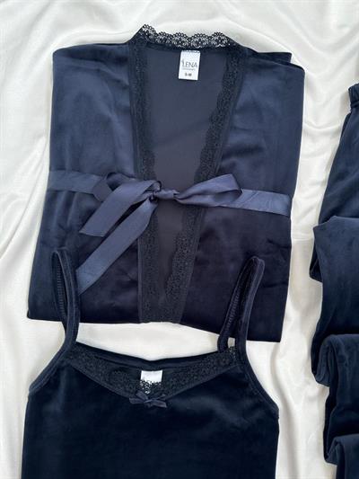 Lacivert Kadife Sabahlıklı Kadın Pijama Takımı