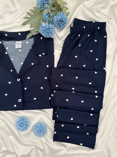 Lacivert Kalp Desenli Kısa Kollu Pijama Takımı