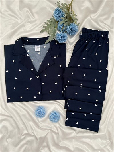 Lacivert Kalp Desenli Kısa Kollu Pijama Takımı