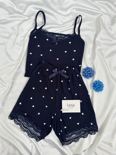 Lacivert Kalp Desenli Şortlu Pijama Takımı